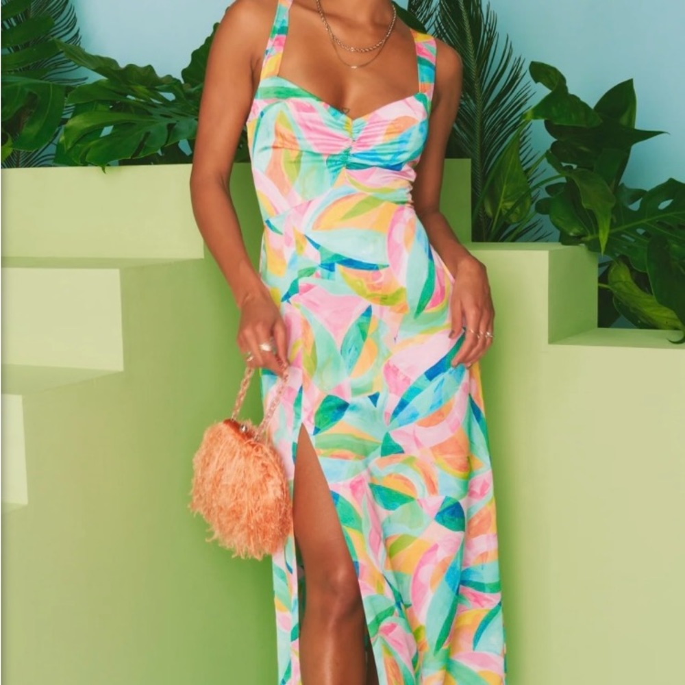 Colorful Show Me Your Mumu dress. Worn once, adjustable via the laced up back